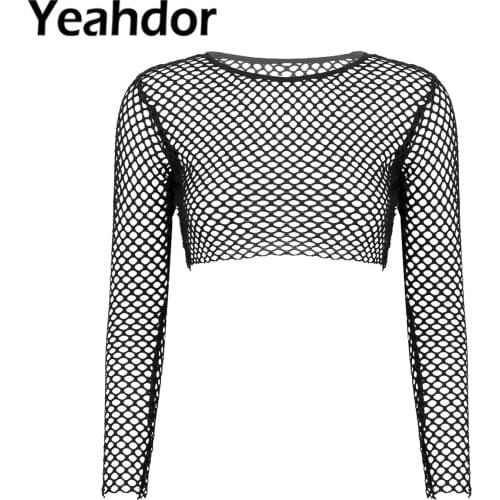 Women Sexy Fishnet Long Sleeve T-shirt Tank Top Cotton See Through Elastic Hollow Out Mesh Crop Tops Clubwear Casual Cover Up