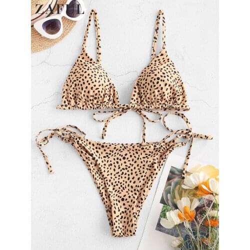 ZAFUL Animal Print Tie String Bikini Set Women Swimwear Leopard Low Waist Bathing Suit 2021 Sexy Biquini Female Beach Swimsuit