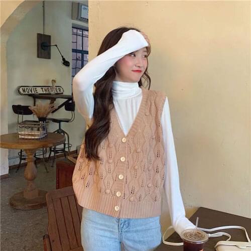 Women 2020 Spring Autumn Korean Style Hollow Out Knitted Vest Female Solid Sweet Cardigans Ladies Loose All-match Sweater Z130
