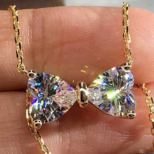 10K Yellow Gold Women Pendant Necklaces Moissanite Diamonds Heart Bowknot Wedding Party Engagement Anniversary Present Trendy