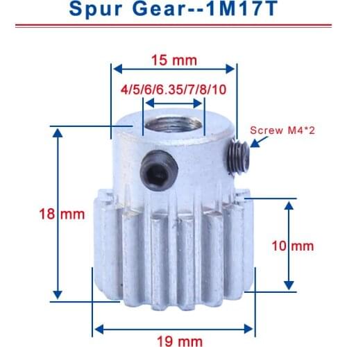 2 PCS 1M17T Spur Gear Bore size 4/5/6.35/7/8/10 mm Teeth Outer Diameter 19 mm Low Carbon Steel Material High Quality For Motor