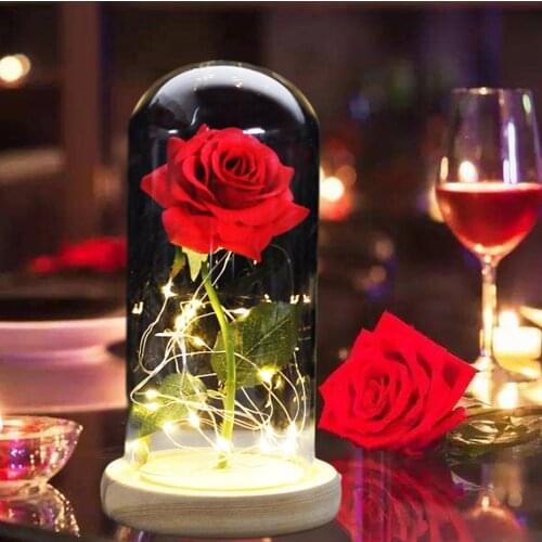 2021 Dropshipping Beauty and the Beast Red Rose in a Glass Dome with LED Light Wooden Base for Valentines Mothers Day Gifts