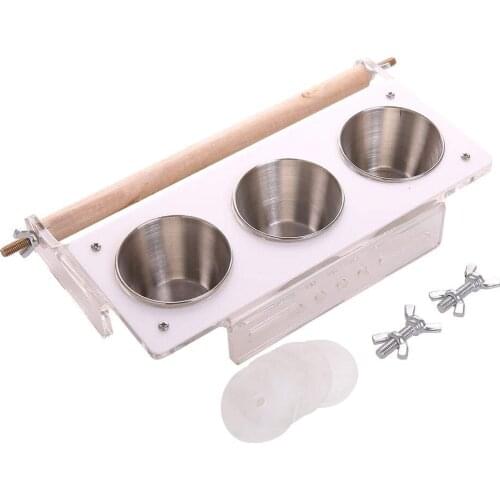 3Cups Holder Bird Feeding Parrots Playgym Seed Food Water Dish,Play Stand Hanging Stainless Steel Perches Coop Bowls Feeder