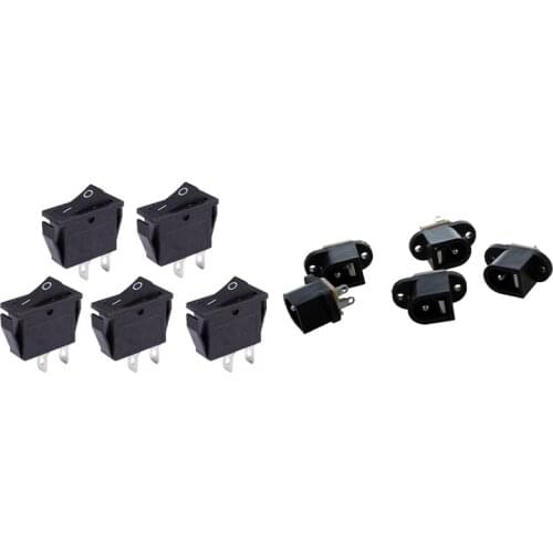 5 Pcs 2.1X5.5mm Female DC Power Plug Jack Socket Black & 5Pcs SPST on Off Black Snap in Boat Rocker Switch
