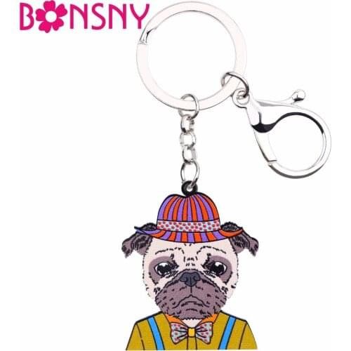 Bonsny Acrylic Pug Dog Man Key Chain Key Ring Women Girl Handbag Pendant 2017 News Fashion Jewelry Charm Car Key Accessories