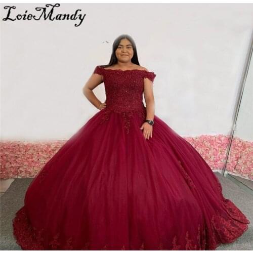Burgundy Tulle Quinceanera Dresses Long 2022 Sexy Off Shoulder Sweet 16 Dress For Women Luxury Applique Lace Vestido de 15 anos