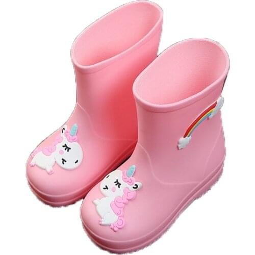 Four Seasons Kids Rainboots Rubber Boots Warm Cartoon Waterproof Not-Slip Fashion Soft Bottom Rainbow Children Shoes Size 25-31