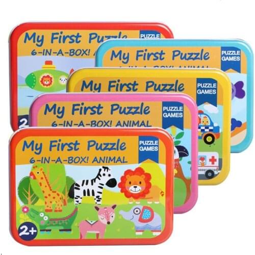 Six-in-one iron boxed wooden childrens cartoon animal traffic large puzzle baby early education toddler puzzle toy