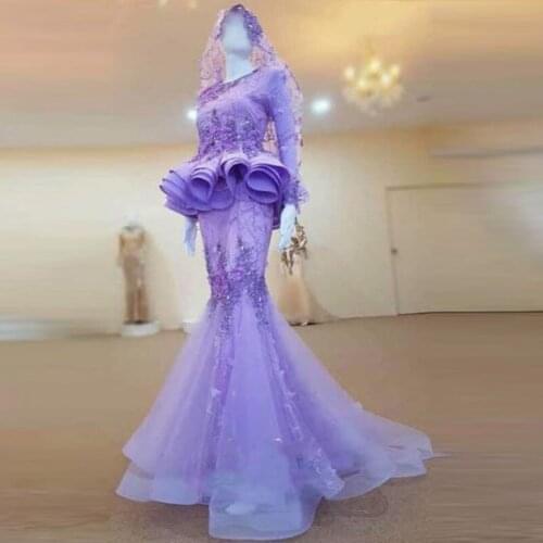 Dubai Dresses To Party 2021 abiye gece elbisesi New Mermaid Evening Gown Bead Peplum Full Sleeve Vestido Longo robe de soiree