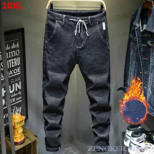 Winter black plus velvet jeans male stretch feet blue men thickened warm pants male 10XL 9XL men jeans pants