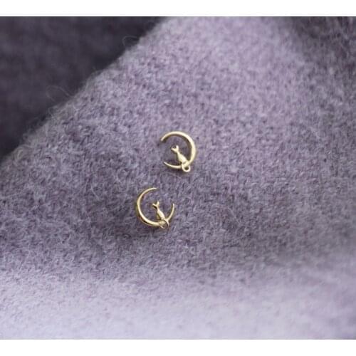 9K Real Solid Gold Unique Cat on the Moon Earring Stud Jewelry Dainty Minimal CZ Crystal Simple Style
