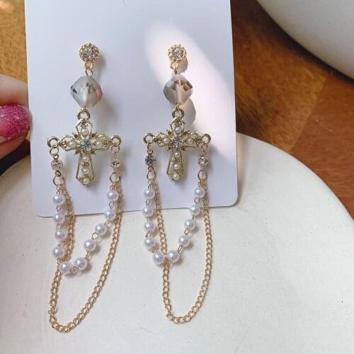 Korean retro Baroque royal cross earrings Temperament lady Imitation pearl zircon long tassel Clip earrings For Women