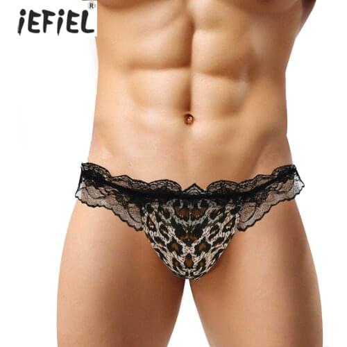 Men Lingerie Sexy Hot Erotic Underpants Thong Low Rise Ruffle Lace Open Back Bulge Pouch Bikini G-string Panties Gay Underwear