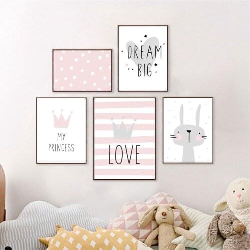 Pink Cartoon Nursery Girl Wall Picture Nordic Poster Rabbit Crown Baby Room Modern Canvas Painting Kids Children Wall Art Prints