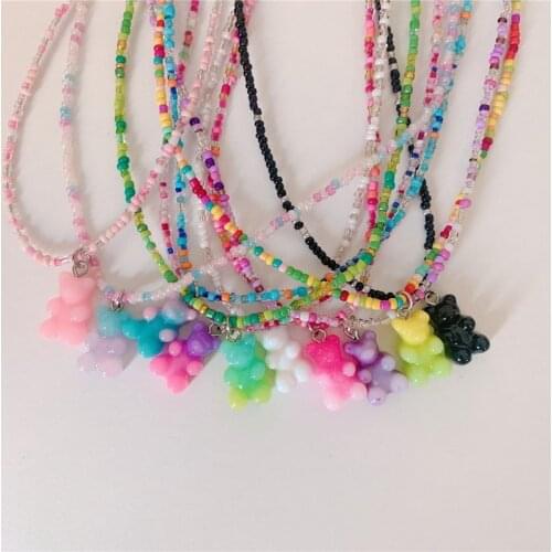 New Bohemia Korean Summer Lovely Colorful Gummy Bear Pendant Choker Resin Multicolor Rice Beaded Necklace for Women Girls Gifts