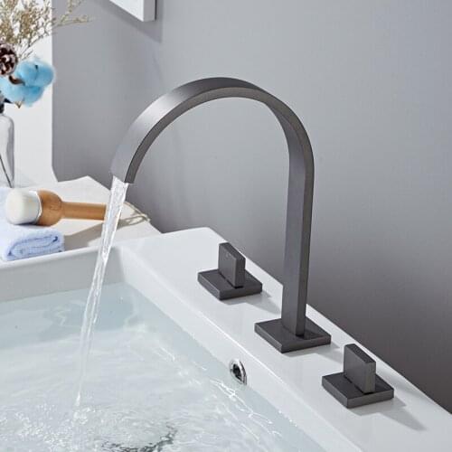 Basin Faucet Gun Grey Sink Tap Gold Square Brass Faucet Bathroom Sink Faucet 3 Hole Double Handle Hot And Cold Water Tap
