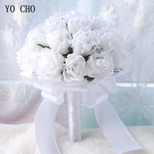 YO CHO Bride Wedding Bouquet Bunch of Flower Bridesmaid Holding Flower Artificial Silk Pearl Rose Bouquet Party Wedding Supplies
