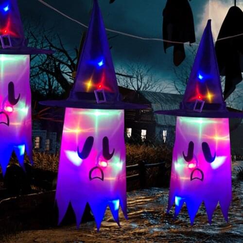 Halloween Decoration LED Flashing Light Gypsophila Ghost Festival Dress Up Glowing Wizard Ghost Hat Lamp Decor Hanging Lantern