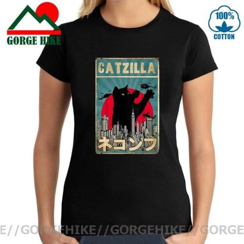 Japanese Kanji Vintage Cat Monster Kaiju T shirt women Catzilla Japanese Sunset Style Cat Tees Retro Tokyo Kitten Lover shirt