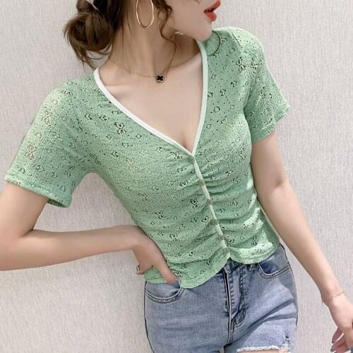 2021Summer Retro Hook flower Hollow out Women Short sleeve Slim V-neck Breathable Tshirt Tops