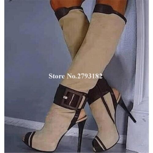 Women Fashion Style Peep Toe Suede Leather High Platform Knee High Gladiator Boots Big Buckle Patchwork Long High Heel Boots