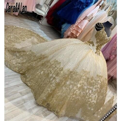 Stunning Ball Gown Quinceanera Dresses Beaded Sweet 16 Dress Gold Applique vestidos de 15 Prom Gowns Court Train