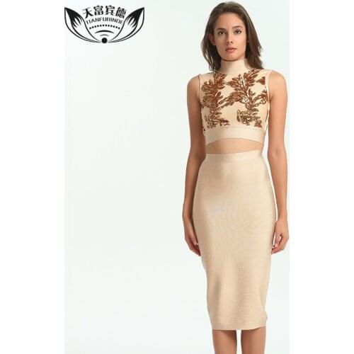 2018 New Women Winter Bandage Dress Sleeveless High turtleneck Vestidos Embroidery Sequin Chinese Split Party Club Dresses set