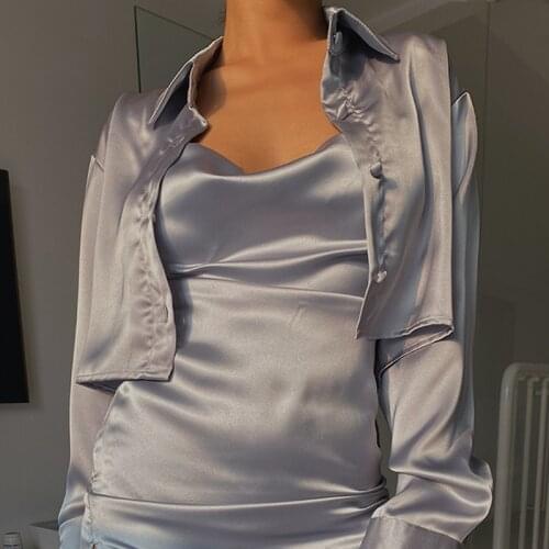 Satin gloss retro blue drape long-sleeved shirt casual temperament high-waist short shirt thin shirt summer рубашка женская 2021