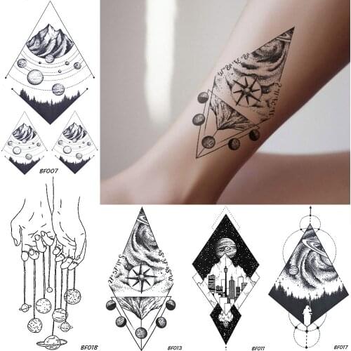 BAOFULI Geometric Rhomboid Temporary Tattoo Universe Planets Mountain Waterproof Black Tatoos Women Body Art Fake Tattoo Sticker