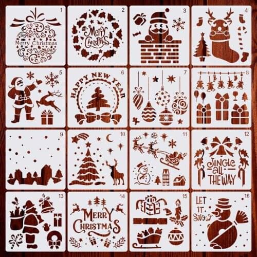 C90C 16pcs/set DIY Merry Christmas Drawing Stencil Templates Embossing Paper Painting