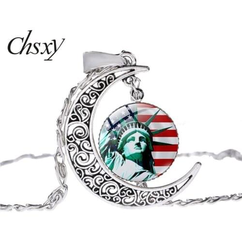 CHSXY United States Statue of Liberty Moon Necklace Fashion Silver Plated Clavicle Chain Necklace Glass Dome Valentines Day