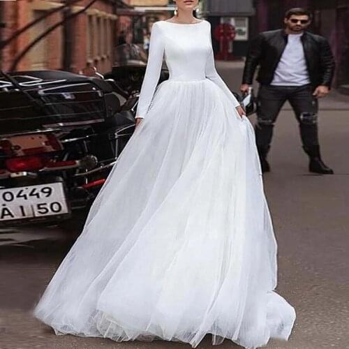Elegant Long Sleeve Satin Wedding Dress V-Back Tulle Skirt Bridal Dresses Simple Gown Custom Made