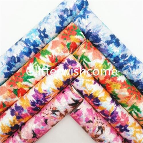 Glitterwishcome 21X29CM A4 Size Flowers Printed Glitter Fabric Synthetic Leather with Felt Backing for Bows DIY GM151C