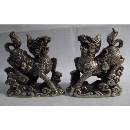 Chinese folk classicality white bronze silver foo dog kylin lion fengshui Statue