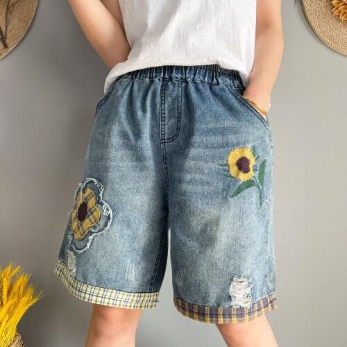 Korean Women Denim Shorts Plus Size Femme Patchwork Ripped Wide Leg Harem Pants High Waist Loose Distressed Jeans Shorts Pants