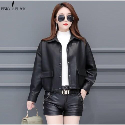 PinkyIsBlack Spring Autumn Leather Jacket Women Faux Fur Coat Ladies Slim Short Motorcycle Biker Drawstring Basic Jacket Coat