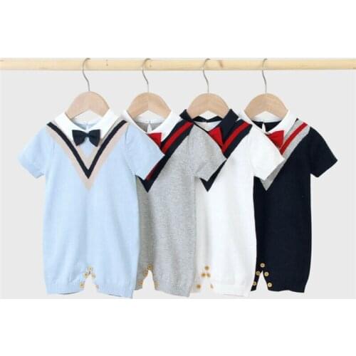 Summer Infant Baby Boys Gentleman Knitted Romper Preppy Style Turn Down Bow-knot Collar Overall Clothes Set