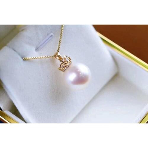 MADALENA SARARA 10-11mm Freshwater Pearl Perfect Round Crown Diamond Style 18K Gold Chain Necklace