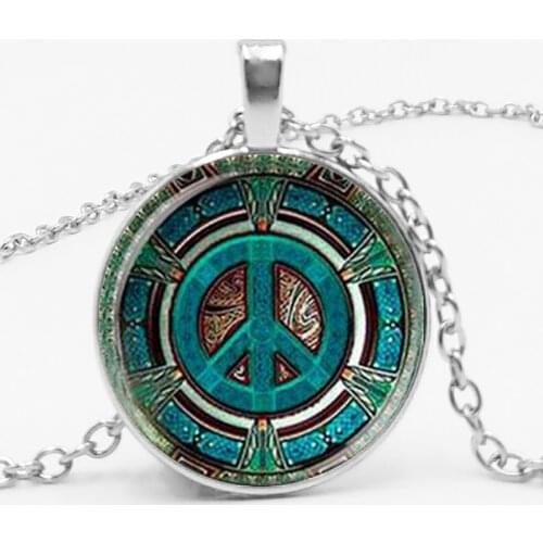 Statement Retro Charm Hippie Peace Logo Glass Dome Pendant Necklace DIY Handmade Fashion Jewelry Fashion Men Gift Ladies Gift