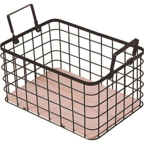 Metal Storage Basket with Wooden Bottom Nordic Office Desktop Sundries Sorting Basket Home Clothing Organizer Frame Basket
