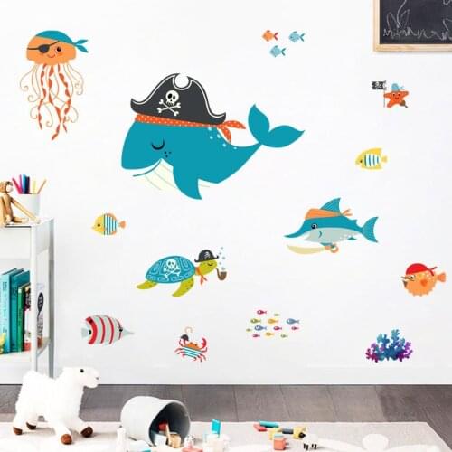Cartoon pirate whale Undersea animal Wall Sticker for kids room bedroom decoration art Decals wallpaper Glass door stickers