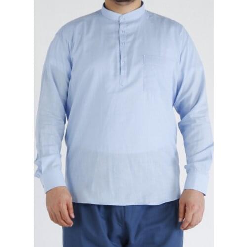 Muslim Shirt Face Cotton Four Button Crew Neck Light Blue Sufi of style Casual Istanbul Style Casual Clothing Cotton Linen