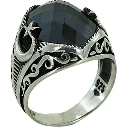 Oval Onyx Stone Moon Star 925 Silver Men 'S Ring