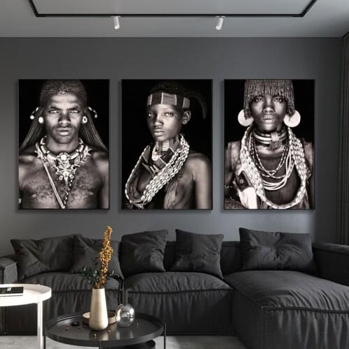 African Tribal People Portrait Wall Art Canvas Painting Tribal Women Men Posters and Prints Decorative Pictures for Living Room