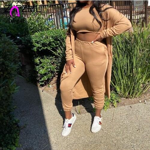 Active Wear Autumn Winter Solid 3 Piece Club Outfit Women Set Bandage Crop Tops+high Waist Long Pant+long Sleeve Coat Tracksuit
