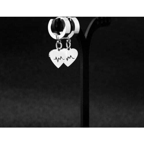 New Stainless Steel Heart Electrocardiogram Pendant Minimalist Punk Circle Unisex Stud Earrings For Women kpop Jewelry 1 pair