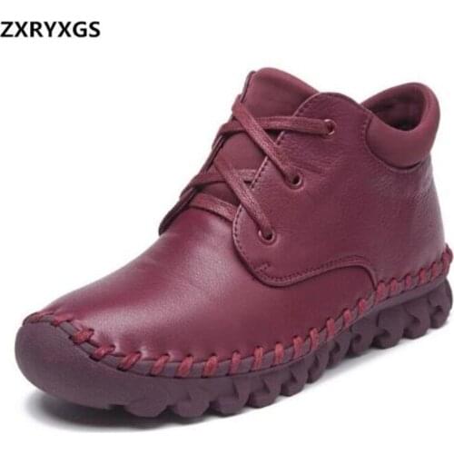 2021 New Hand-Stitched Lace-Up Top Cowhide Leather Boots Flat Non-Slip Autumn Women Boots Fashion Casual Shoes Warm Winter Boots
