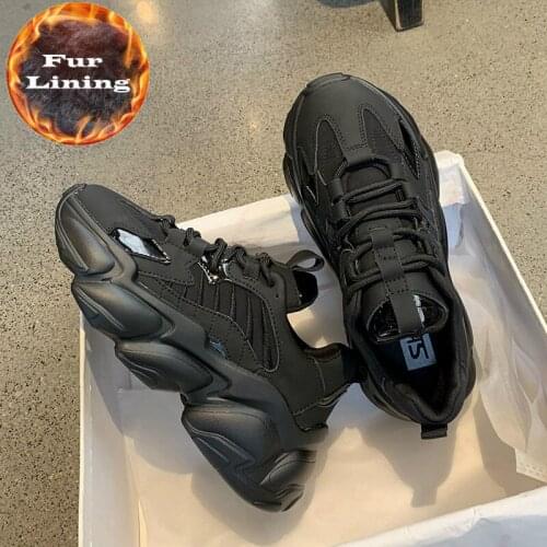 New Womens Lace-Up Sneakers Black Chunky Platform White Casual Leather Breathable Plush All-match Winter Ladies Sports Sneakers