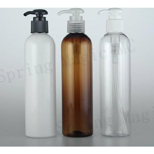 48PCS 250ML Brown/white/Clear Round Shoulder PET Plastic Bottle With Black Lotion Pump For Shampoo/Shower Gel/Cleaning Container