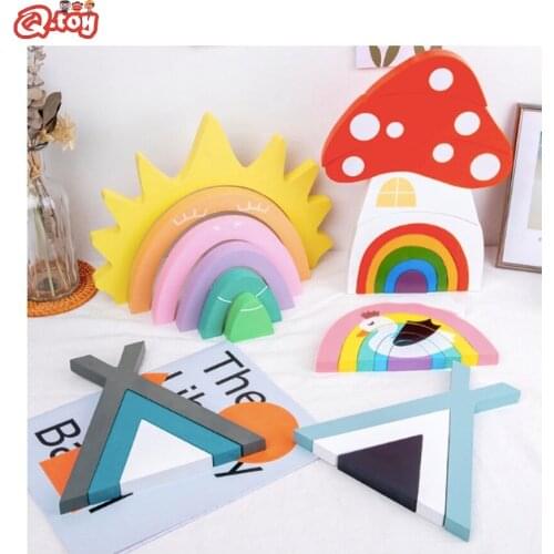 Rainbow stacking tower wooden block jigsaw puzzle Montessori assembly board toys decoration blocks Childrens day girls boy gift